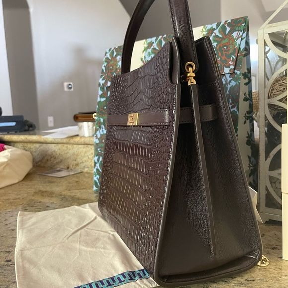 Tory Burch Women's Lee Radziwill Double Bag Handbag Embossed Pumpernickel - Picture 8 of 17